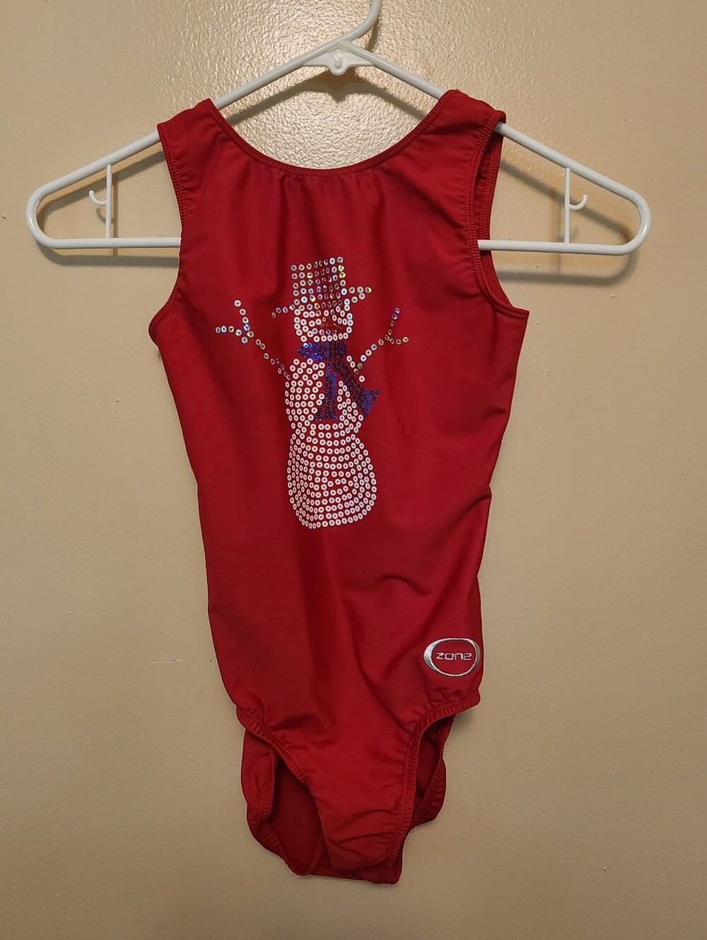 Zone Gymnastics Leotard Adult XS Child LG Red With Sequin Snowman On The Front